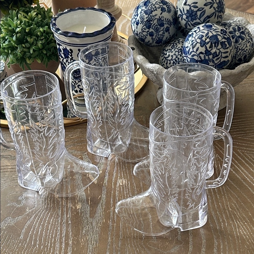 Western Cowboy Boots Clear Plastic Beer Mug Glasses set 4